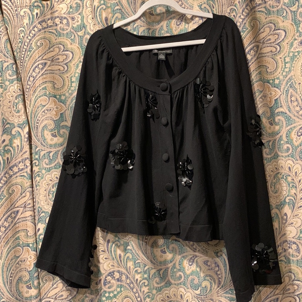 INC International Concepts Black Sequin Floral Button-Front Cardigan